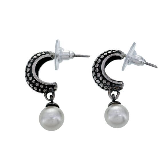 Vintage Sterling Silver 925 Hobnail Detail Imitation Pearl Drop Earrings - Picture 2 of 6